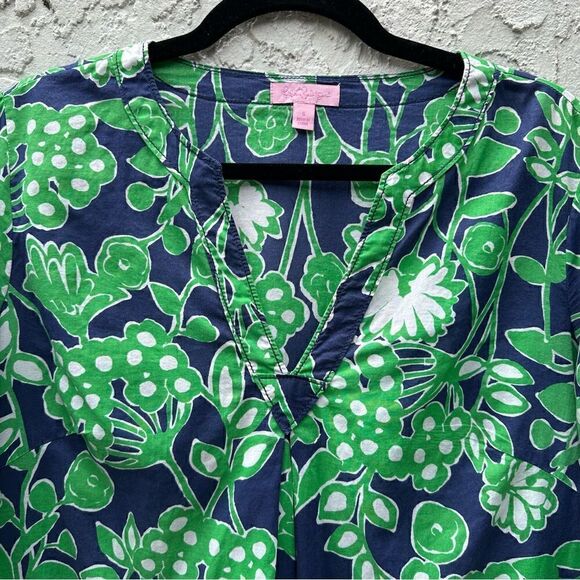 LILLY PULITZER Tunic Top Womens Size Small Popover Floral Cotton Blue Green - Picture 7 of 8